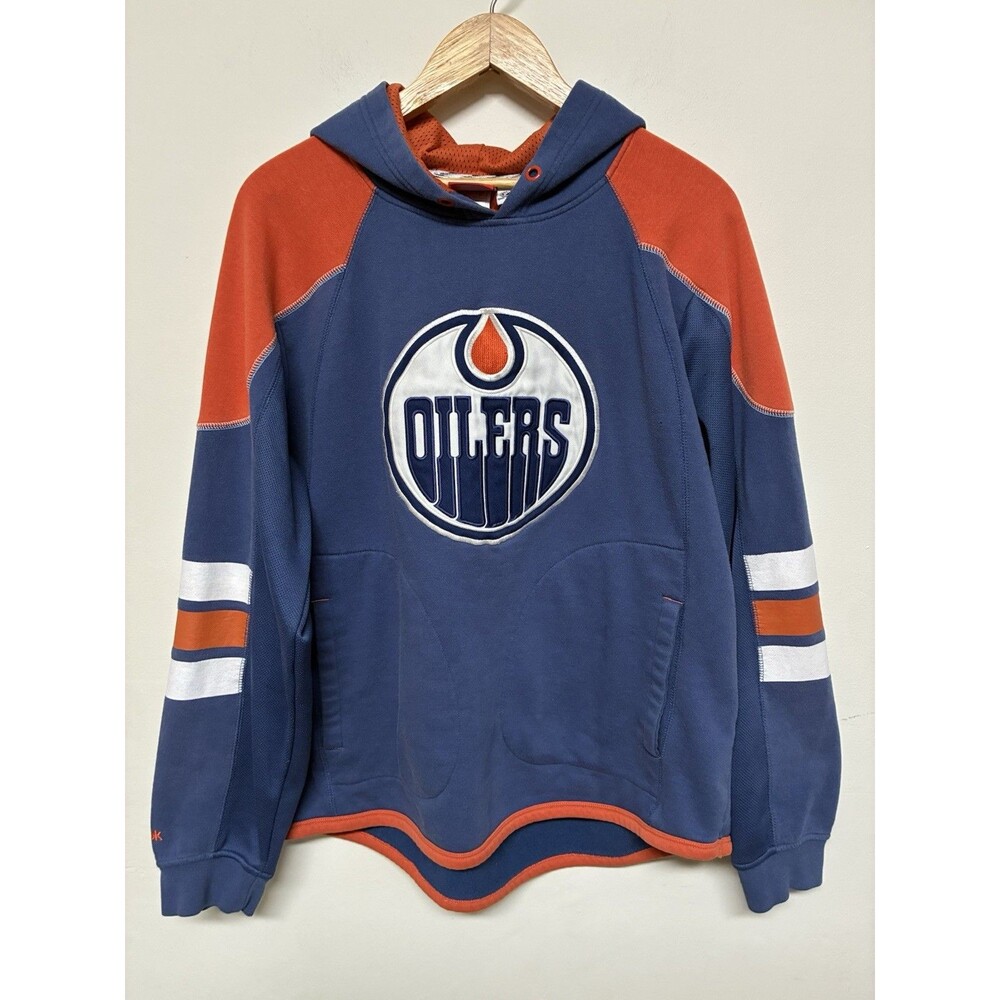 Reebok Oilers Hoodie Mens L Blue Orange NHL Hockey Pullover Vintage